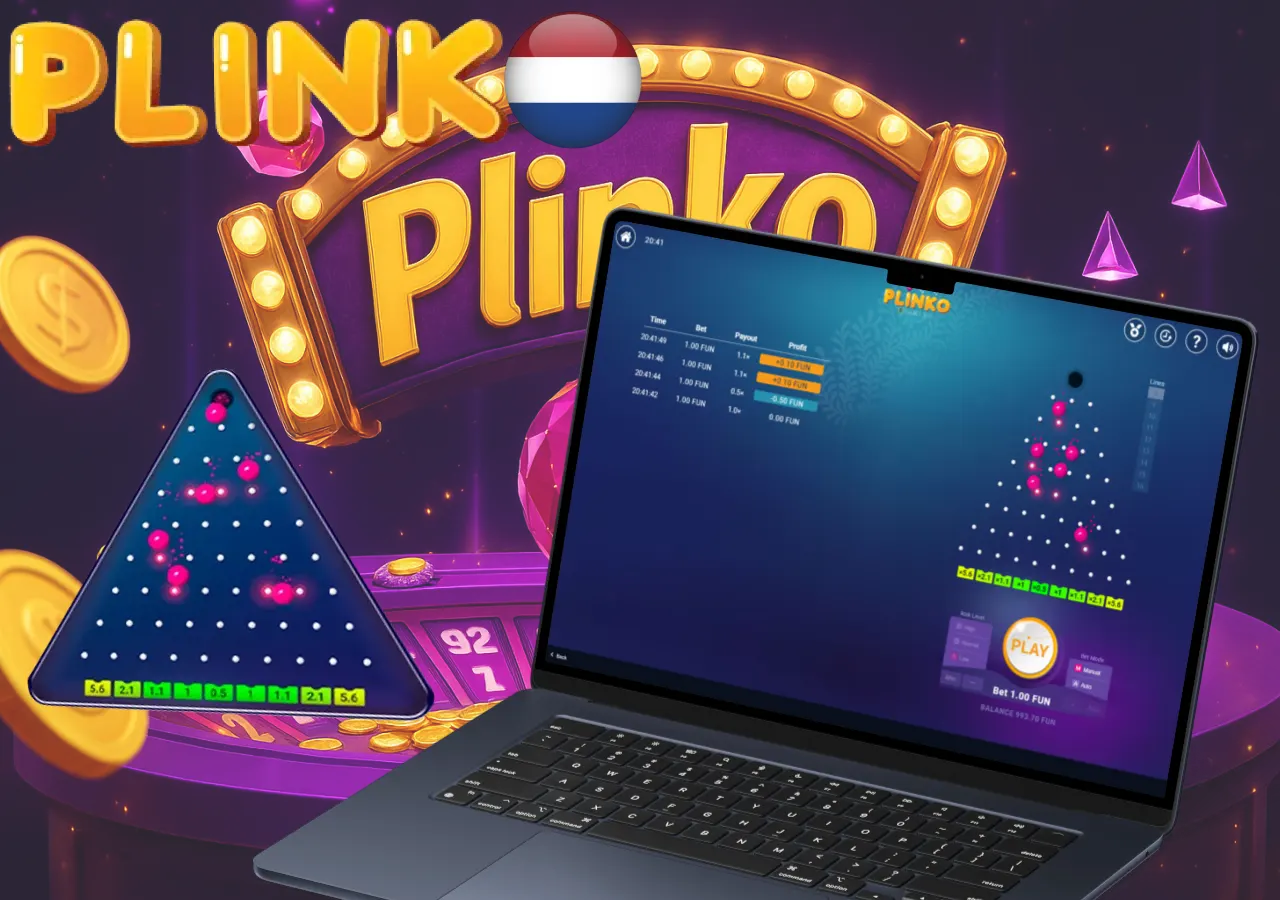 Plinko demo game showing ball drops and profit results on a laptop screen.