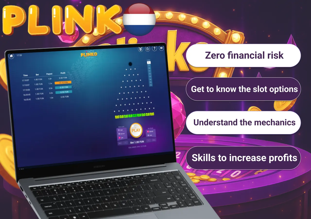Key benefits of the Plinko demo game: no risk, slot options, and skill practice.