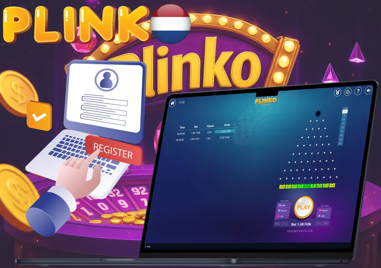 Register to play Plinko with visible laptop screen and casino chips