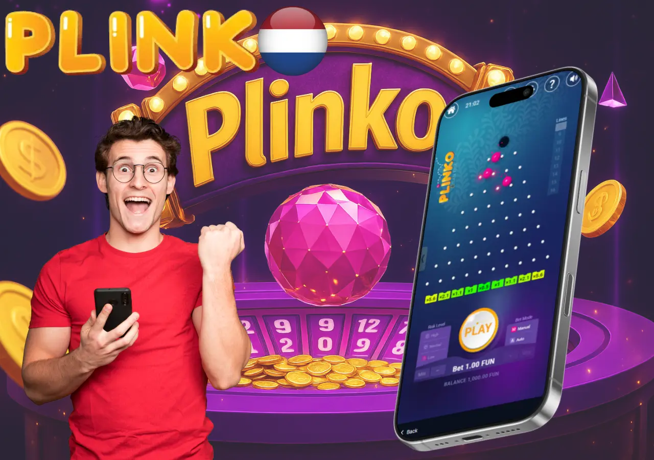 Man celebrating big win playing Plinko in the Netherlands via mobile app