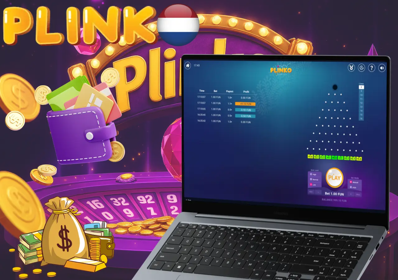 Plinko results screen with visual wallet and money graphics