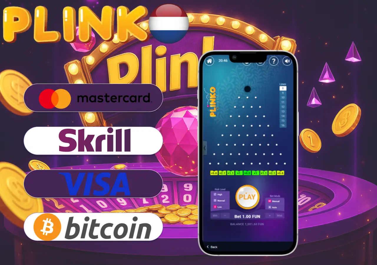 Accepted payment methods in the Plinko app including Mastercard, Skrill, Visa and Bitcoin