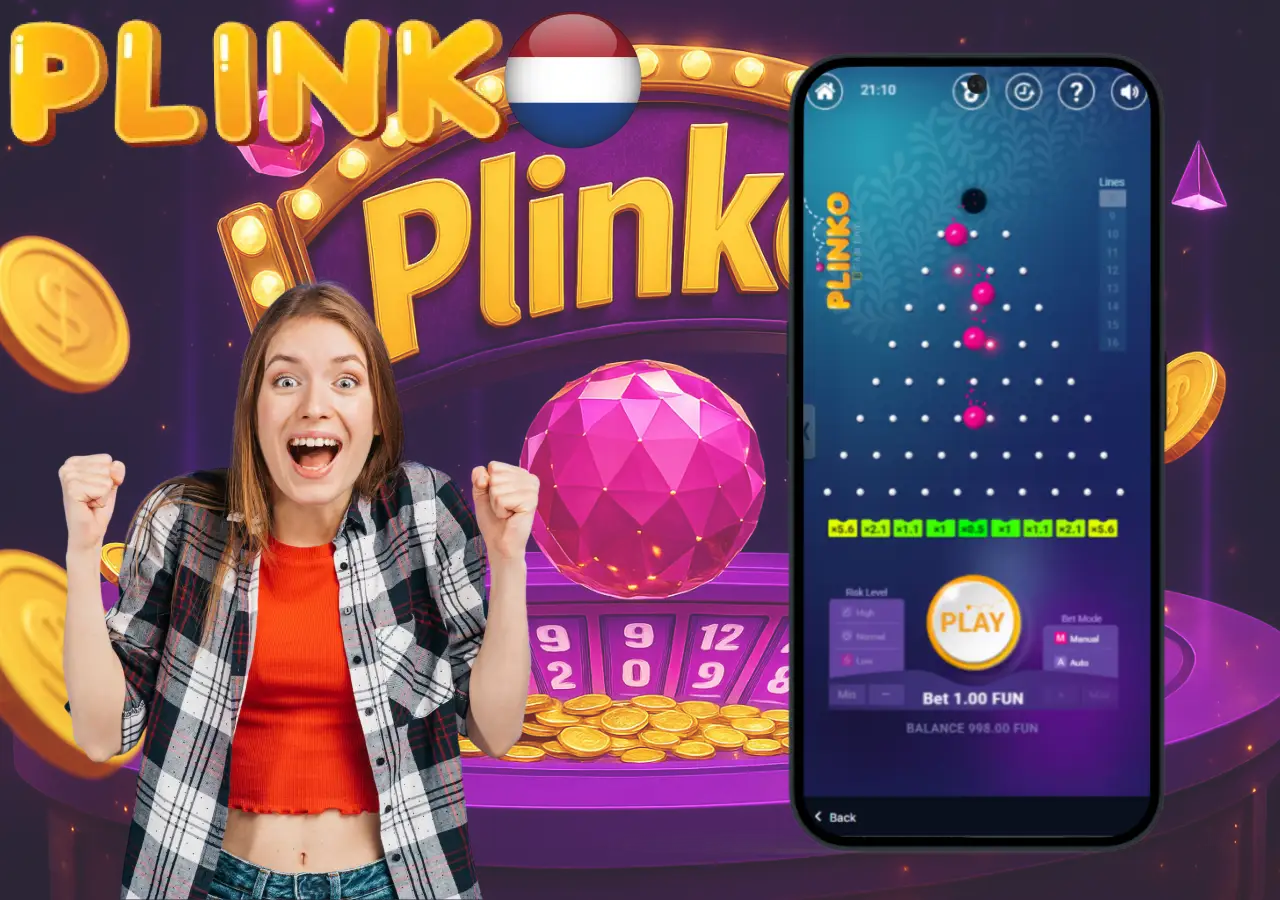 Excited woman wins while playing Plinko on the mobile version in the Netherlands