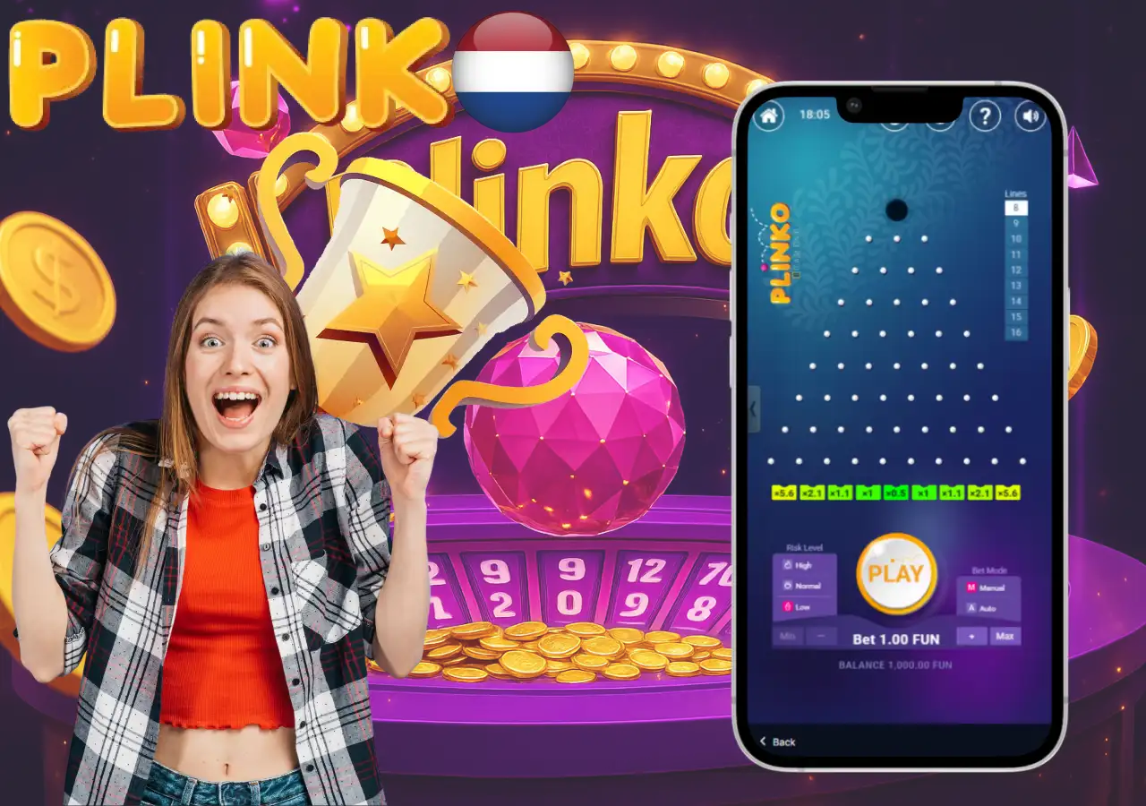 Excited woman celebrating a win in Plinko mobile casino game Netherlands edition